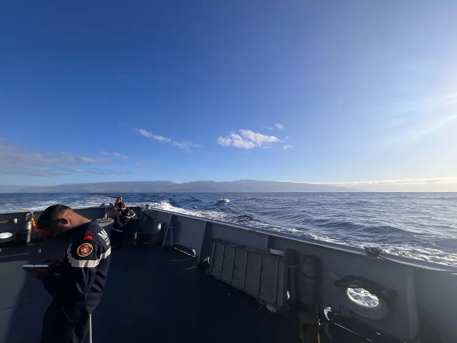 On the deck of a French Navy ship off Madeira