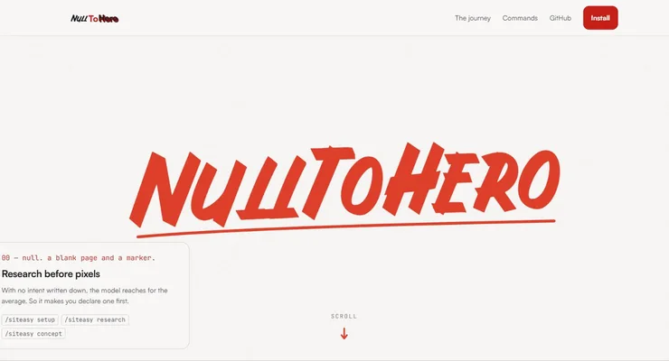 Page d'accueil du site NullToHero, logo peint en rouge en très grand format sur fond clair.